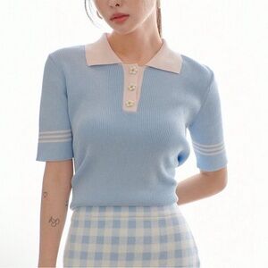 🍁 DAZY Polo Women Size XL Blue Light Pink Flower Button Short Sleeve Ribbed